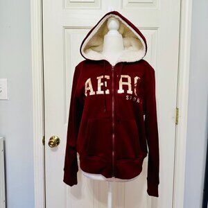 AEROPOSTALE METALLIC LOGO FULL ZIP FAUX FUR LINED FLEECE HOODED JACKET